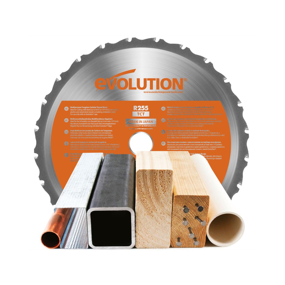 Scie à onglet coulissante R255SMS+ compatible avec les lames TCT multi-matériaux pour couper efficacement le bois, l'acier doux, l'aluminium et le plastique