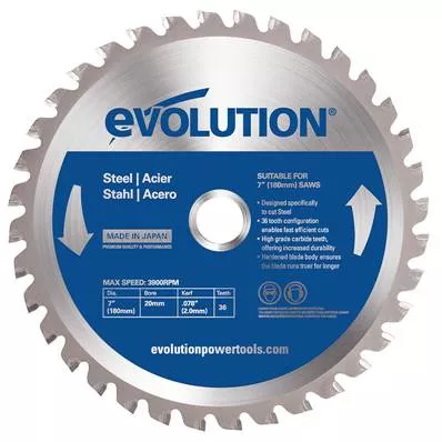 Disque acier Evolution EVOSAW180, 180 mm, 36 dents, avec pastilles carbure de tungstène, pour coupe précise et nette de l'acier sans projections ni étincelles
