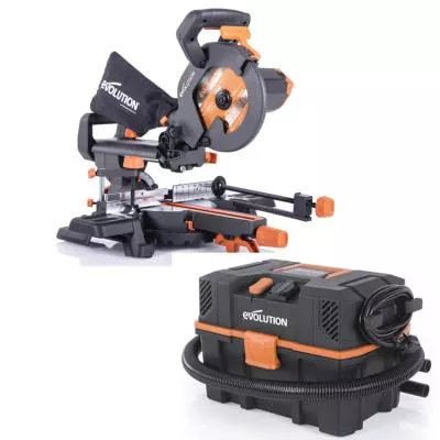 Scie à onglet radiale R210SMS+ Evolution avec lame multi-matériaux et aspirateur R15VAC 1000W multi-usages pour atelier, maison et garage
