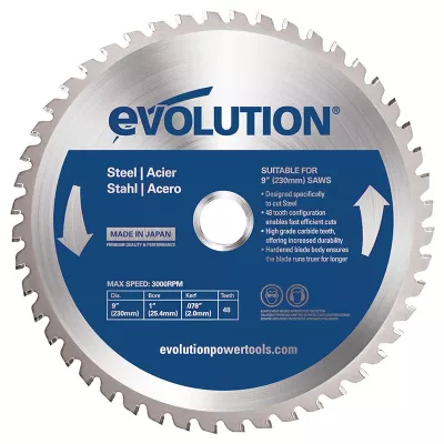 Lame acier Evolution EVOSAW230, 230 mm, 48 dents, avec pastilles carbure de tungstène, pour coupe précise et nette de l'acier sans projections ni étincelles, environ 40 mètres de coupe pour 6 mm d'épaisseur
