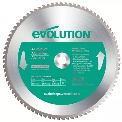 Lame scie aluminium 355 mm, 80 dents, pour scie circulaire Evolution EVO355, coupe précise et durable, alésage 25.4 mm, épaisseur 2.4 mm, équipée de pastilles carbure de tungstène