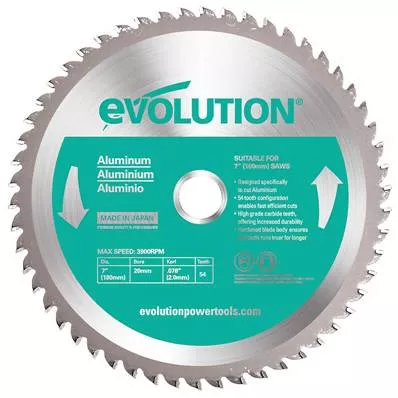 Lame scie aluminium 180 mm, 54 dents, pour scie circulaire Evolution EVOSAW180, coupe précise et durable, alésage 20 mm, équipée de pastilles carbure de tungstène