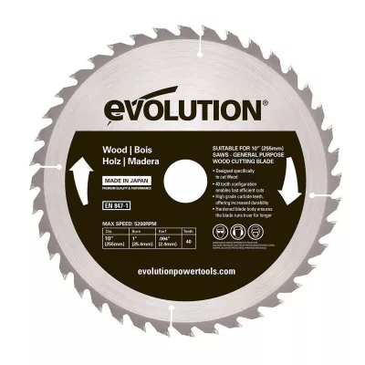 Lame bois 255 mm, 40 dents, pour scie à table et scie à onglet, avec alésage de 25,4 mm - Evolution Power Tools