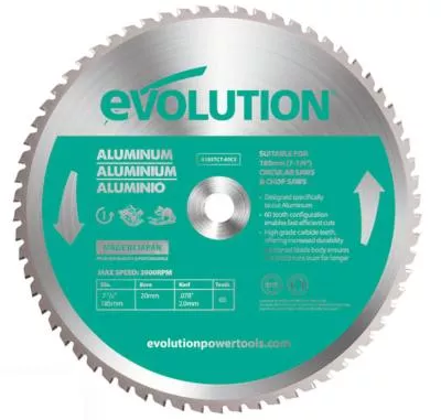 Lame TCT aluminium Evolution, 185 mm, 60 dents, pour scie circulaire S185CCSL, coupe précise et nette de l'aluminium avec dents en carbure pour une longue durée de vie
