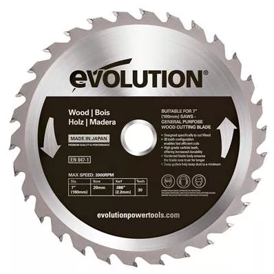 Lame de scie bois 180 mm, 30 dents, pour scie circulaire Evolution EVOSAW180, coupe nette et durable, alésage 20 mm, équipée de pastilles carbure de tungstène
