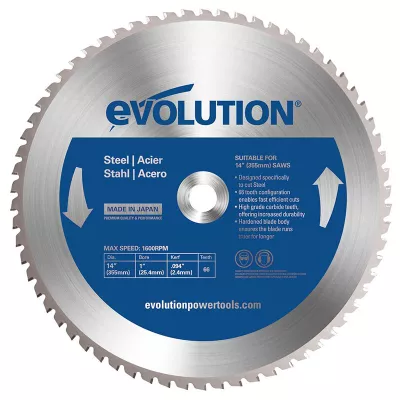 Disque pour acier Evolution Power Tools de 355 mm, 66 dents, avec pastilles carbure de tungstène, pour coupe précise et nette de l'acier avec peu de projections et étincelles