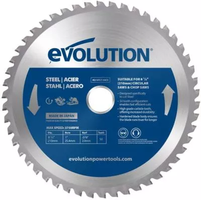 Disque acier Evolution S210CCS, 210 mm, 50 dents, avec pastilles carbure de tungstène, pour coupe précise et nette de l'acier sans projections ni étincelles, vitesse max 3750 RPM